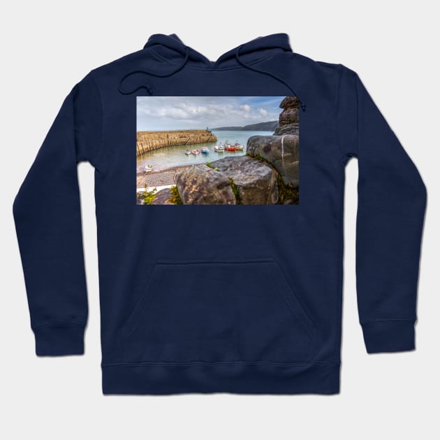 Clovelly Stone Wall And Fishing Boats, Devon, England Hoodie by tommysphotos